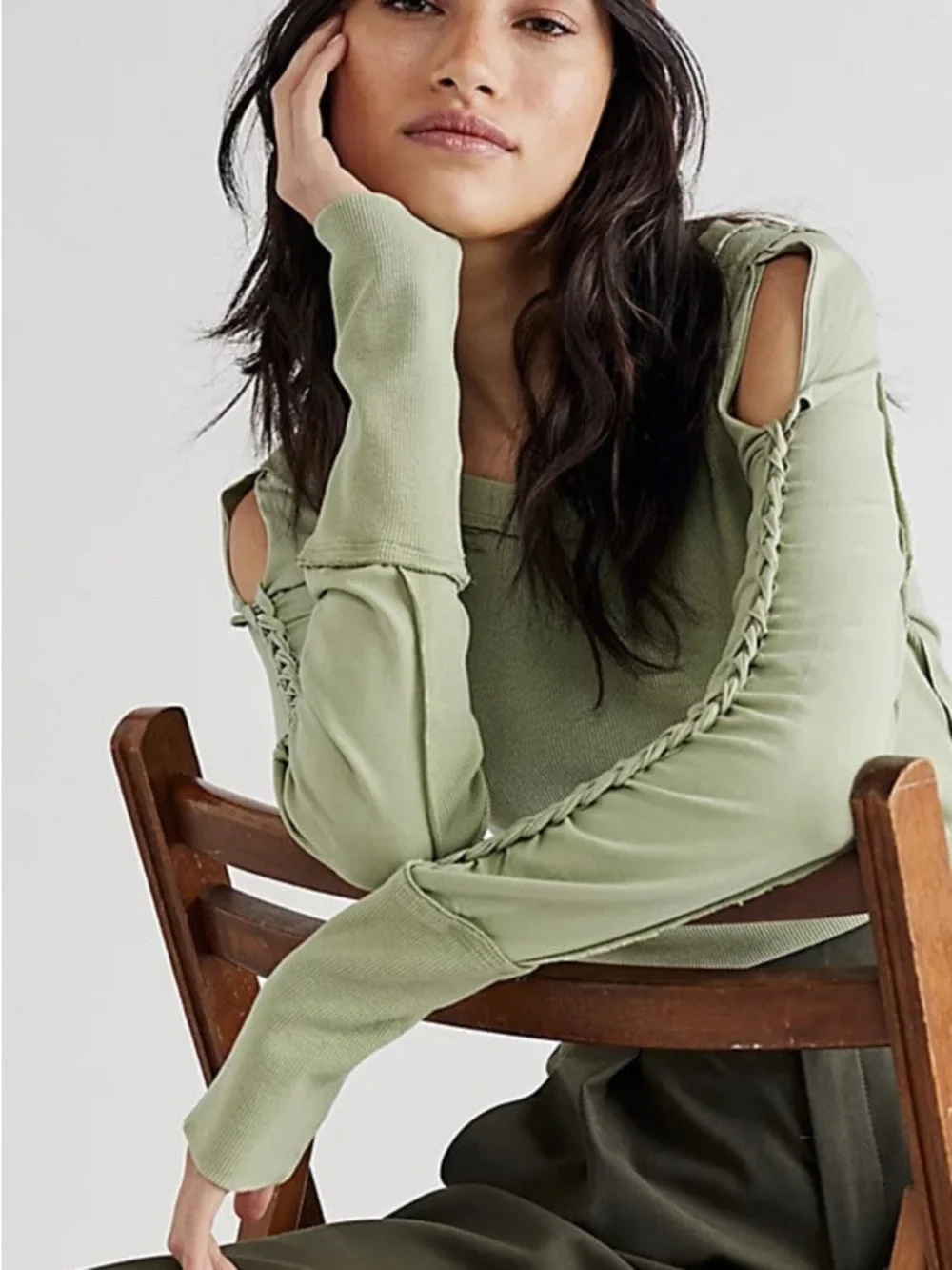 Free People Green Tea Leaves Daisy Chain Cuff Shirt